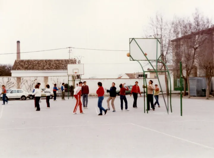 Alumnos jugando en una pista con canastas de baloncesto; al fondo, un muro, coches y árboles sin hojas.