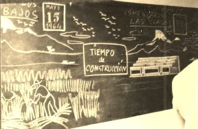 Dibujo a tiza en una pizarra: paisaje, edificio y rótulo Tiempo de construcción, con la fecha 15 mayo 1964.