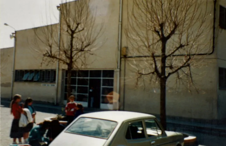 Fachada de un edificio con ventanales, dos árboles sin hojas, un coche claro y algunas personas en la calle.