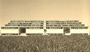 Edificio alargado de terrazas escalonadas visto desde un campo de plantas altas.